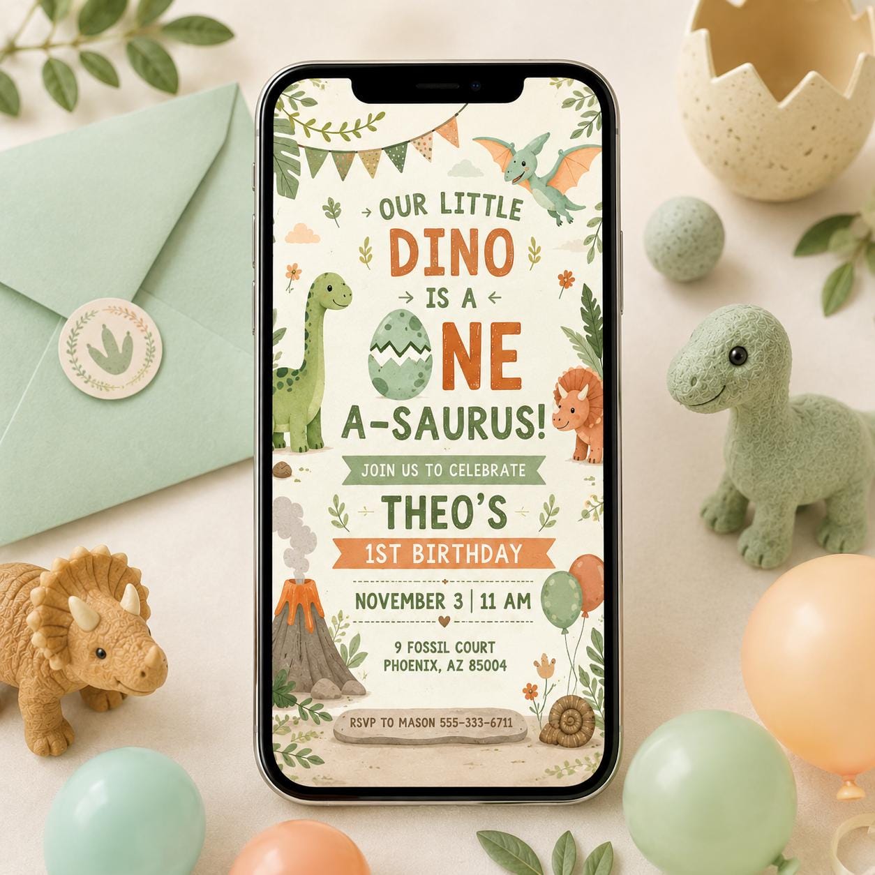 Dinosaur Birthday Party Invitation, One-A-Saurus Birthday Invite, Boy Dinosaur 1st Birthday, One A-saurus Boy First Birthday, Editable Canva __etsy:8072325023