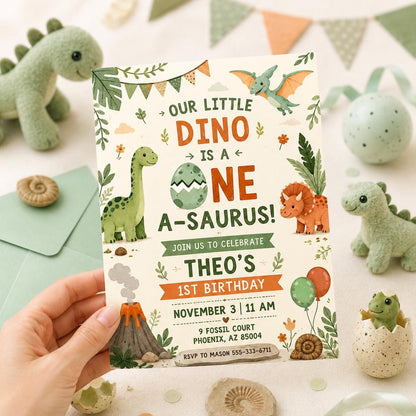 Dinosaur Birthday Party Invitation, One-A-Saurus Birthday Invite, Boy Dinosaur 1st Birthday, One A-saurus Boy First Birthday, Editable Canva __etsy:8072325175