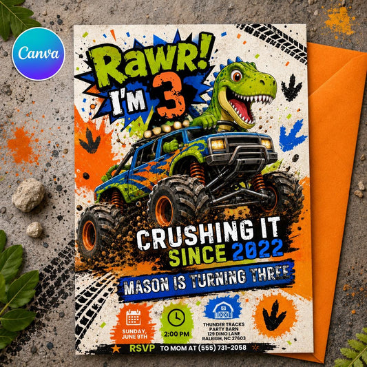 Dinosaur Monster Truck Birthday Invitation, Three Rex Birthday, Dinosaur invite, Retro T Rex invitation,  Dino 3rd, Three Rex Boys, Canva __etsy:8105426155