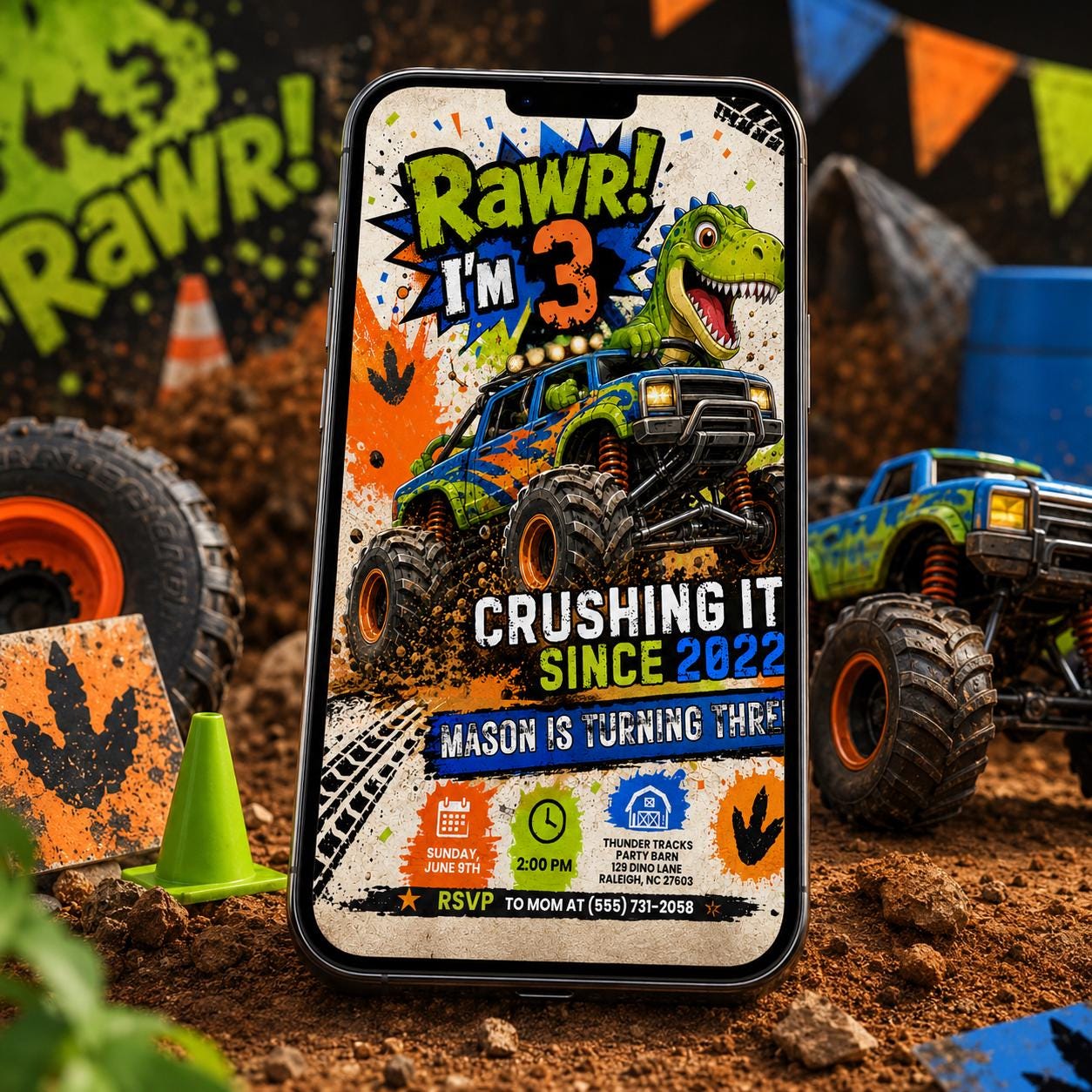 Dinosaur Monster Truck Birthday Invitation, Three Rex Birthday, Dinosaur invite, Retro T Rex invitation,  Dino 3rd, Three Rex Boys, Canva __etsy:8105426153