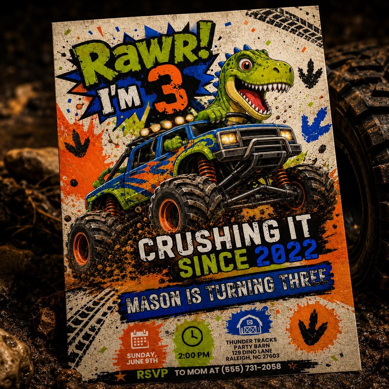 Dinosaur Monster Truck Birthday Invitation, Three Rex Birthday, Dinosaur invite, Retro T Rex invitation,  Dino 3rd, Three Rex Boys, Canva __etsy:8105426093