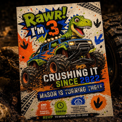 Dinosaur Monster Truck Birthday Invitation, Three Rex Birthday, Dinosaur invite, Retro T Rex invitation,  Dino 3rd, Three Rex Boys, Canva __etsy:8105426093