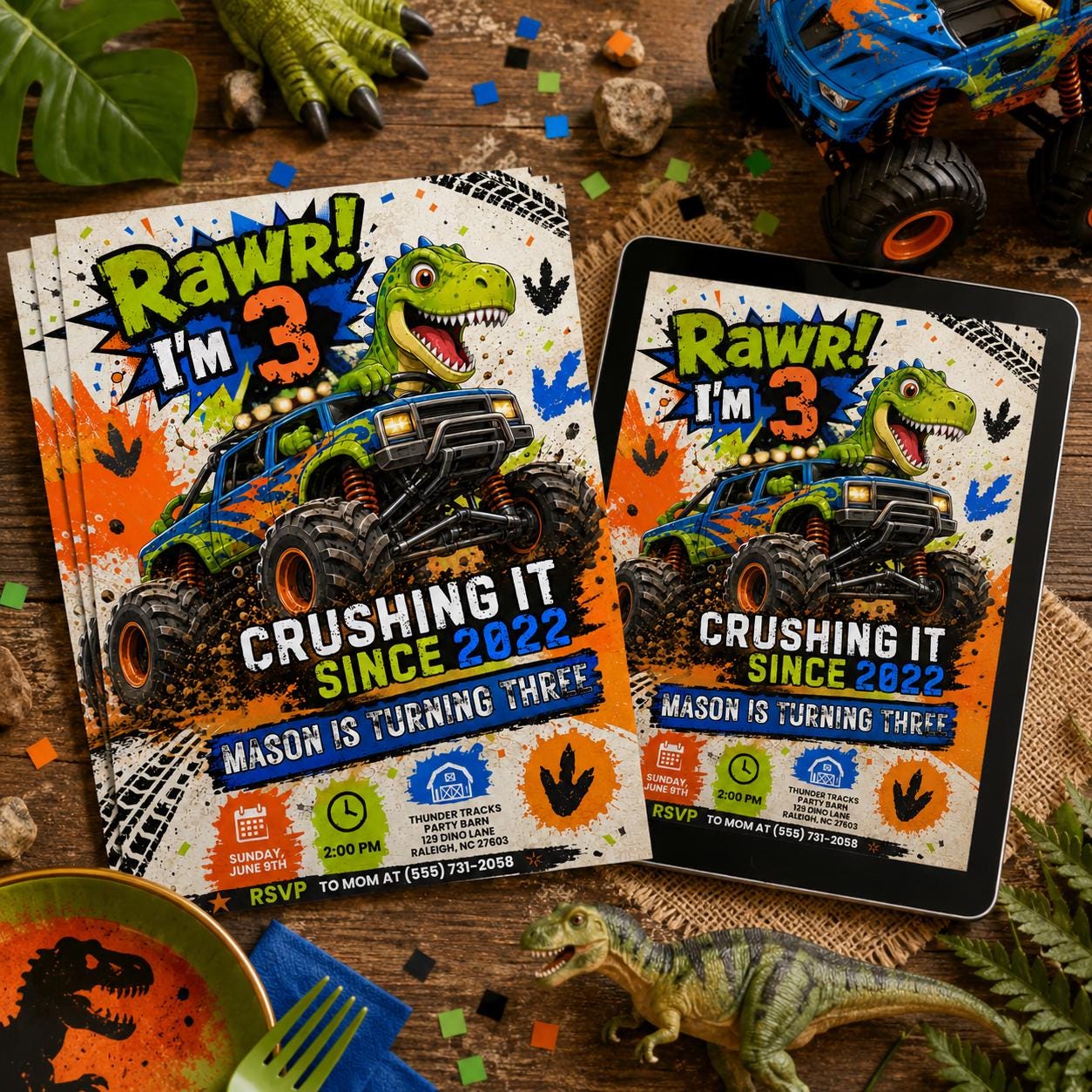 Dinosaur Monster Truck Birthday Invitation, Three Rex Birthday, Dinosaur invite, Retro T Rex invitation,  Dino 3rd, Three Rex Boys, Canva __etsy:8105426095