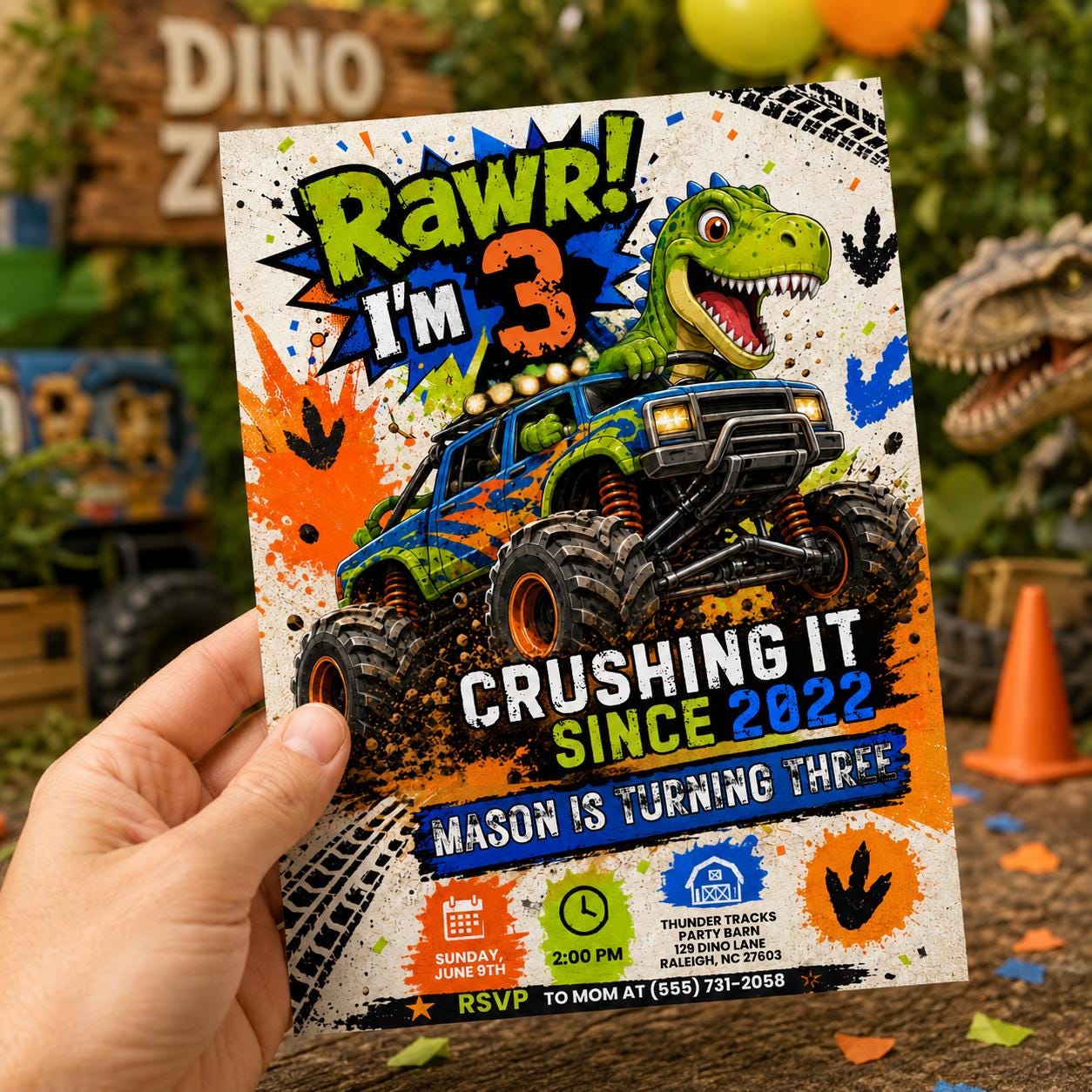 Dinosaur Monster Truck Birthday Invitation, Three Rex Birthday, Dinosaur invite, Retro T Rex invitation,  Dino 3rd, Three Rex Boys, Canva __etsy:8057514204