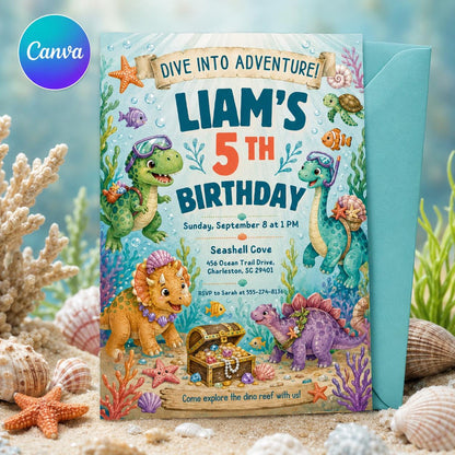 Dinosaur Ocean Party Invite, Editable Dinosaur Invitation, DInosaur Birthday Party Invitation, Dinosaur World Invite, T-Rex Party Invite __etsy:8095012007