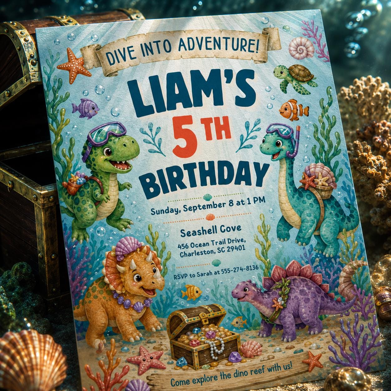Dinosaur Ocean Party Invite, Editable Dinosaur Invitation, DInosaur Birthday Party Invitation, Dinosaur World Invite, T-Rex Party Invite __etsy:8095013081