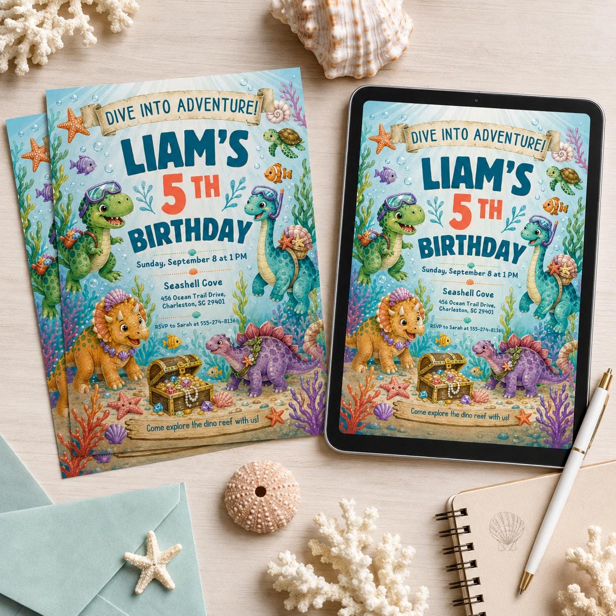 Dinosaur Ocean Party Invite, Editable Dinosaur Invitation, DInosaur Birthday Party Invitation, Dinosaur World Invite, T-Rex Party Invite __etsy:8095013147