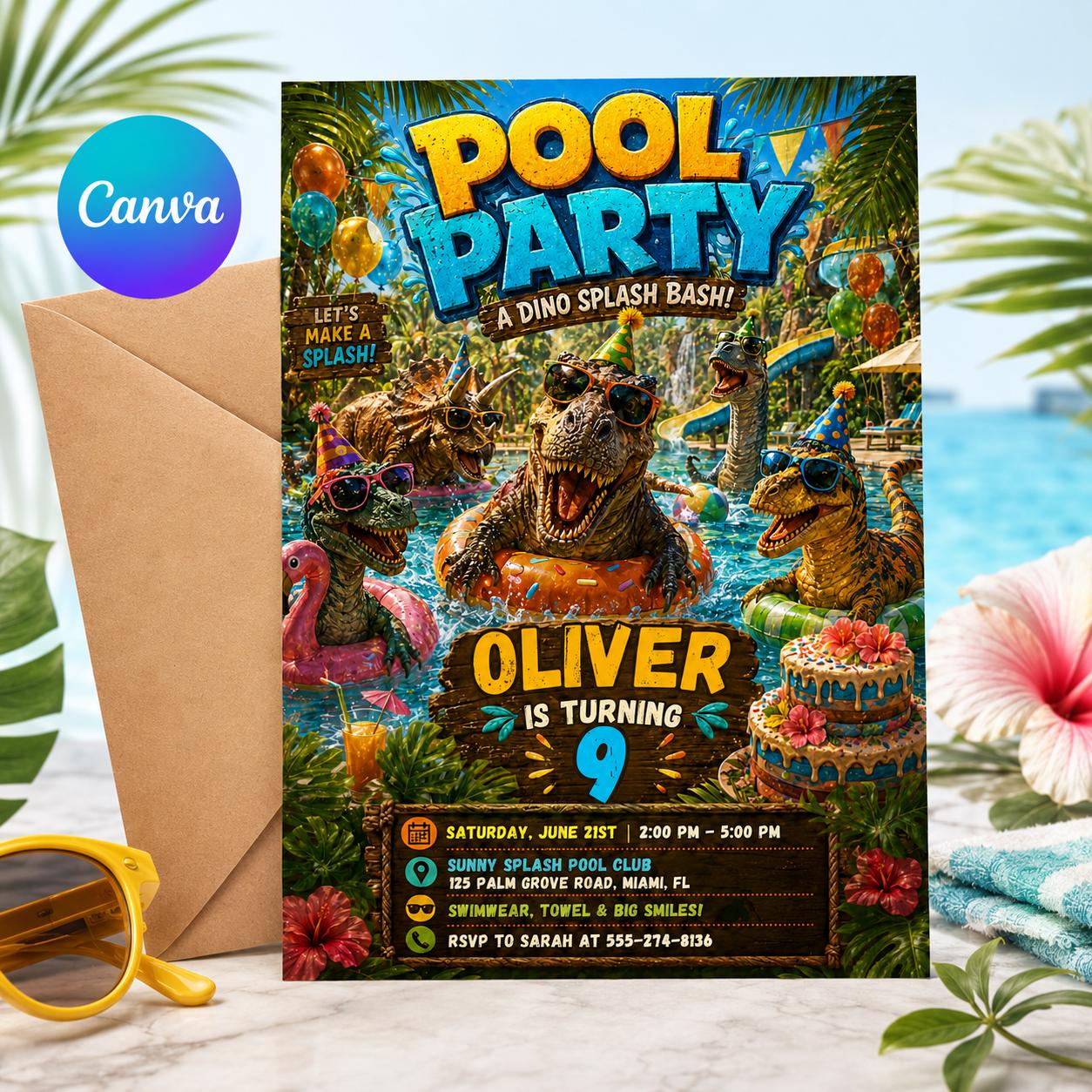 Dinosaur Pool Party Incitation, Two Rex Pool Invite Editable, Splish Splash Dino Pool Party Invitation, Boy Swimming Birthday Canva Template __etsy:8056268706