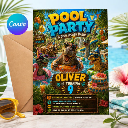 Dinosaur Pool Party Incitation, Two Rex Pool Invite Editable, Splish Splash Dino Pool Party Invitation, Boy Swimming Birthday Canva Template __etsy:8056268706