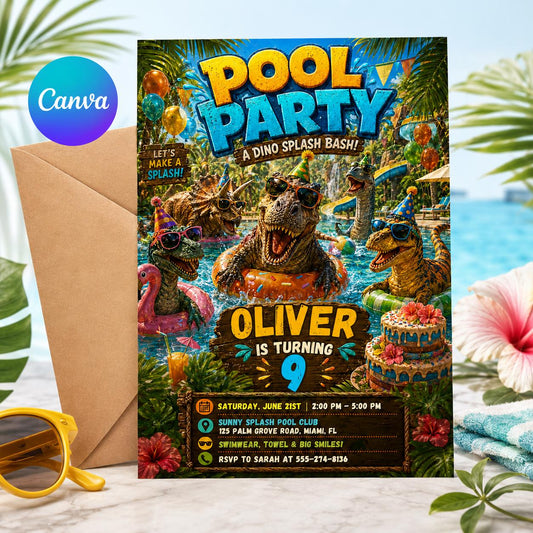Dinosaur Pool Party Incitation, Two Rex Pool Invite Editable, Splish Splash Dino Pool Party Invitation, Boy Swimming Birthday Canva Template __etsy:8056268706