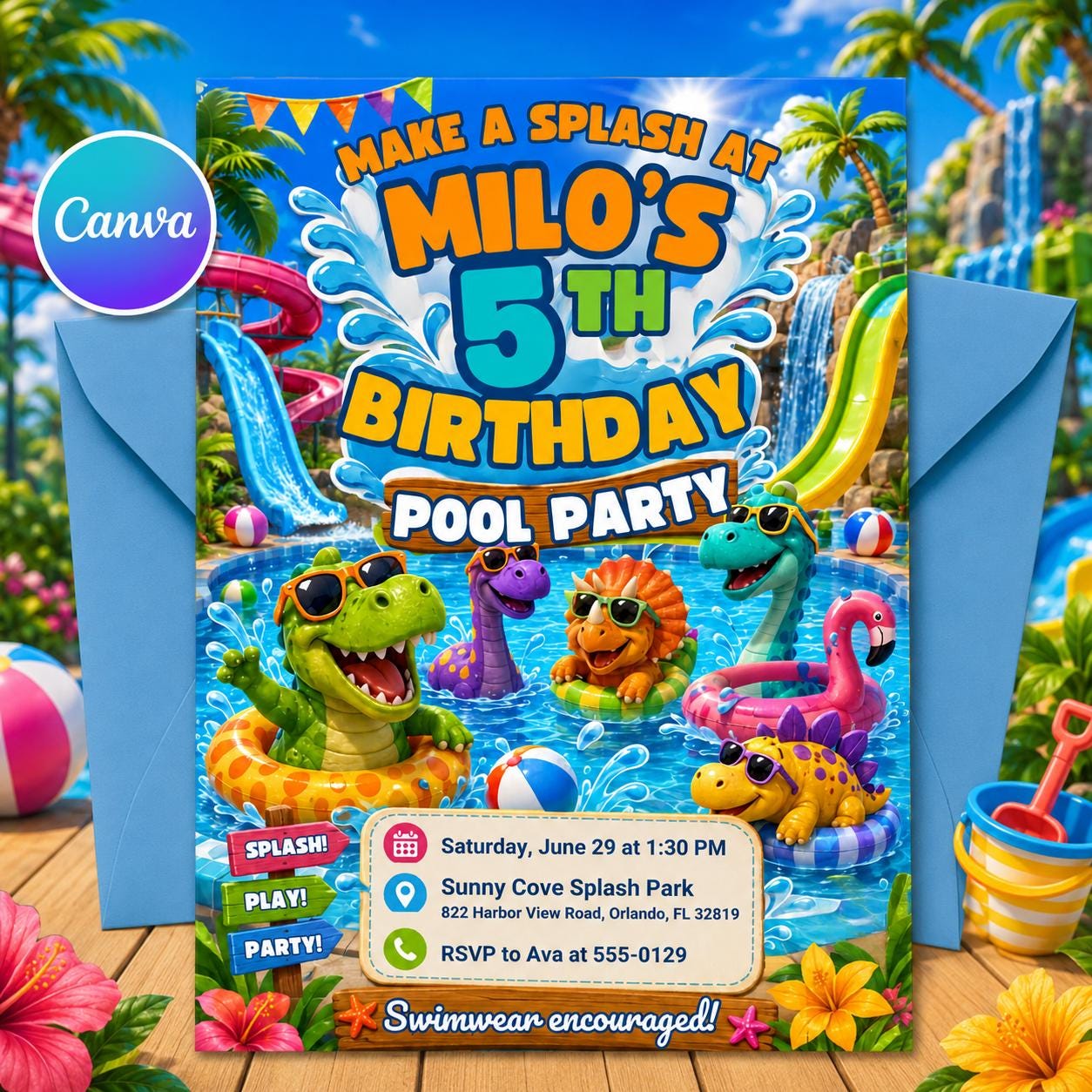 Dinosaur Pool Party Incitation, Two Rex Pool Invite Editable, Splish Splash Dino Pool Party Invitation, Boy Swimming Birthday Canva Template __etsy:8056323664