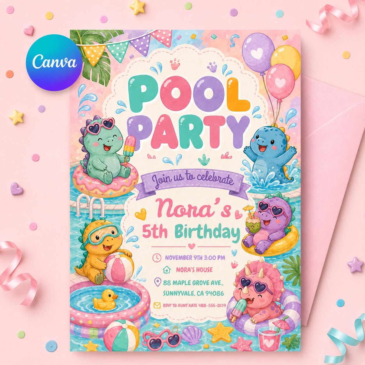 Dinosaur Pool Party Invitation, Pool Party Birthday Party Invitation Template,  Pink Bow Coquette Summer Birthday Pool Celebration __etsy:8103751493