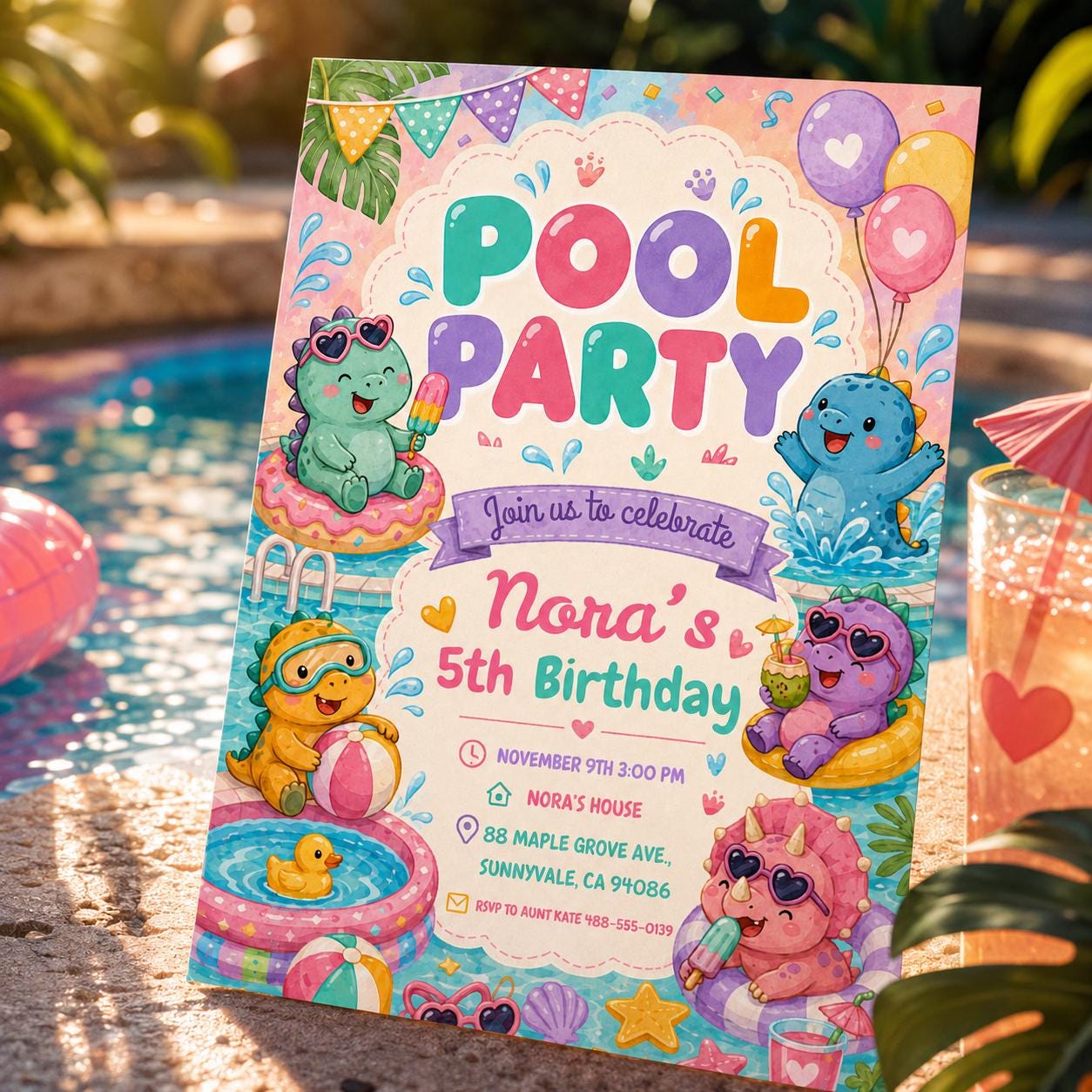 Dinosaur Pool Party Invitation, Pool Party Birthday Party Invitation Template,  Pink Bow Coquette Summer Birthday Pool Celebration __etsy:8055839870