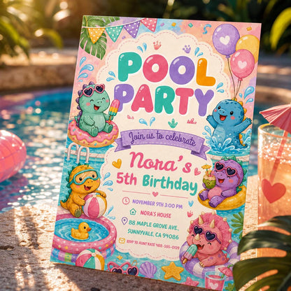 Dinosaur Pool Party Invitation, Pool Party Birthday Party Invitation Template,  Pink Bow Coquette Summer Birthday Pool Celebration __etsy:8055839870