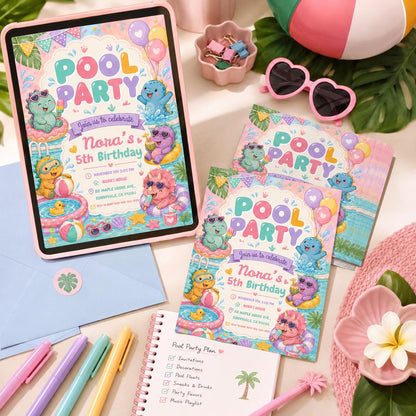 Dinosaur Pool Party Invitation, Pool Party Birthday Party Invitation Template,  Pink Bow Coquette Summer Birthday Pool Celebration __etsy:8103751527