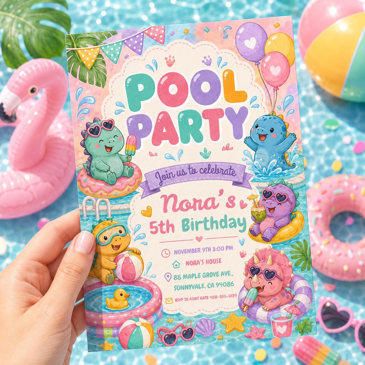 Dinosaur Pool Party Invitation, Pool Party Birthday Party Invitation Template,  Pink Bow Coquette Summer Birthday Pool Celebration __etsy:8103751531