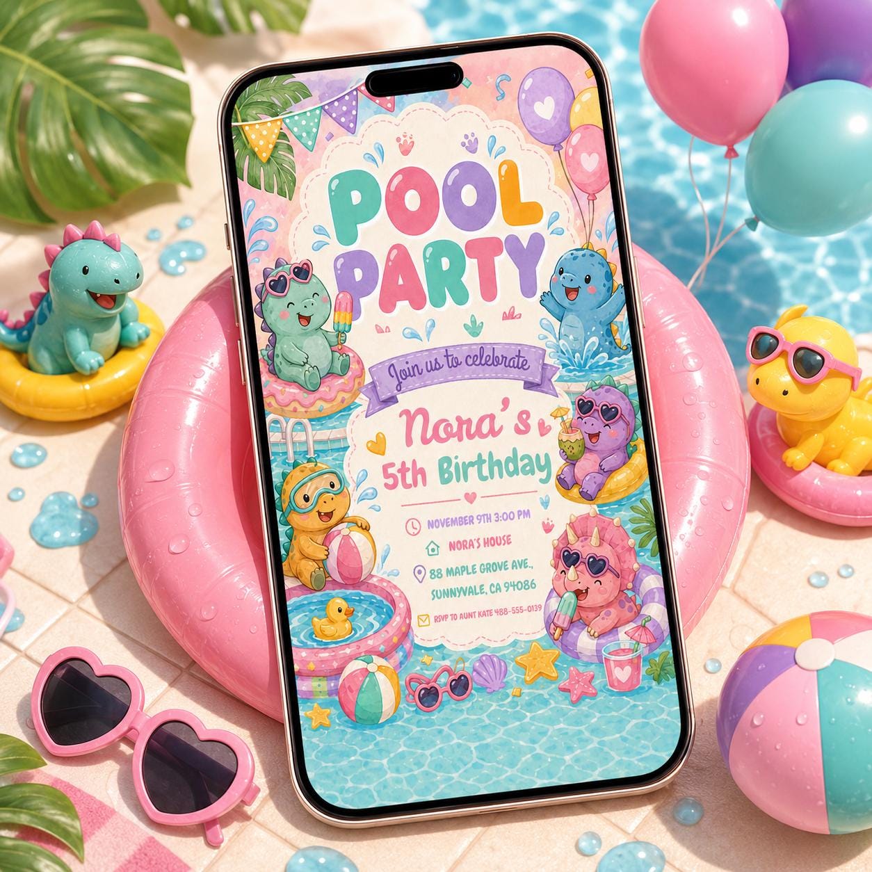 Dinosaur Pool Party Invitation, Pool Party Birthday Party Invitation Template,  Pink Bow Coquette Summer Birthday Pool Celebration __etsy:8103751529