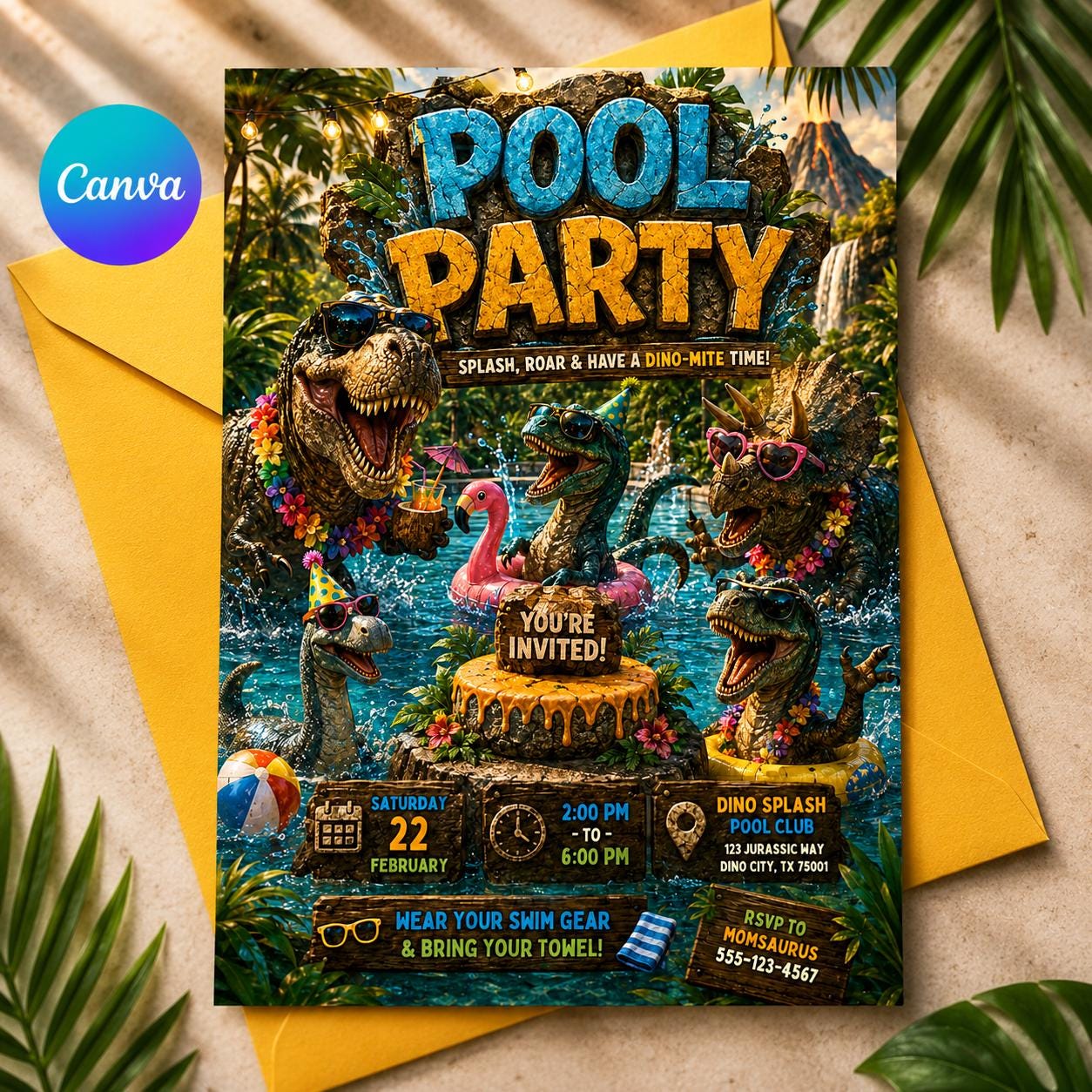 Dinosaur Pool Party Invitation Template, Pool Party Birthday Party Invitation Template, Hand Drawn Whimsical Swim Birthday Invite, Canva __etsy:8105174089