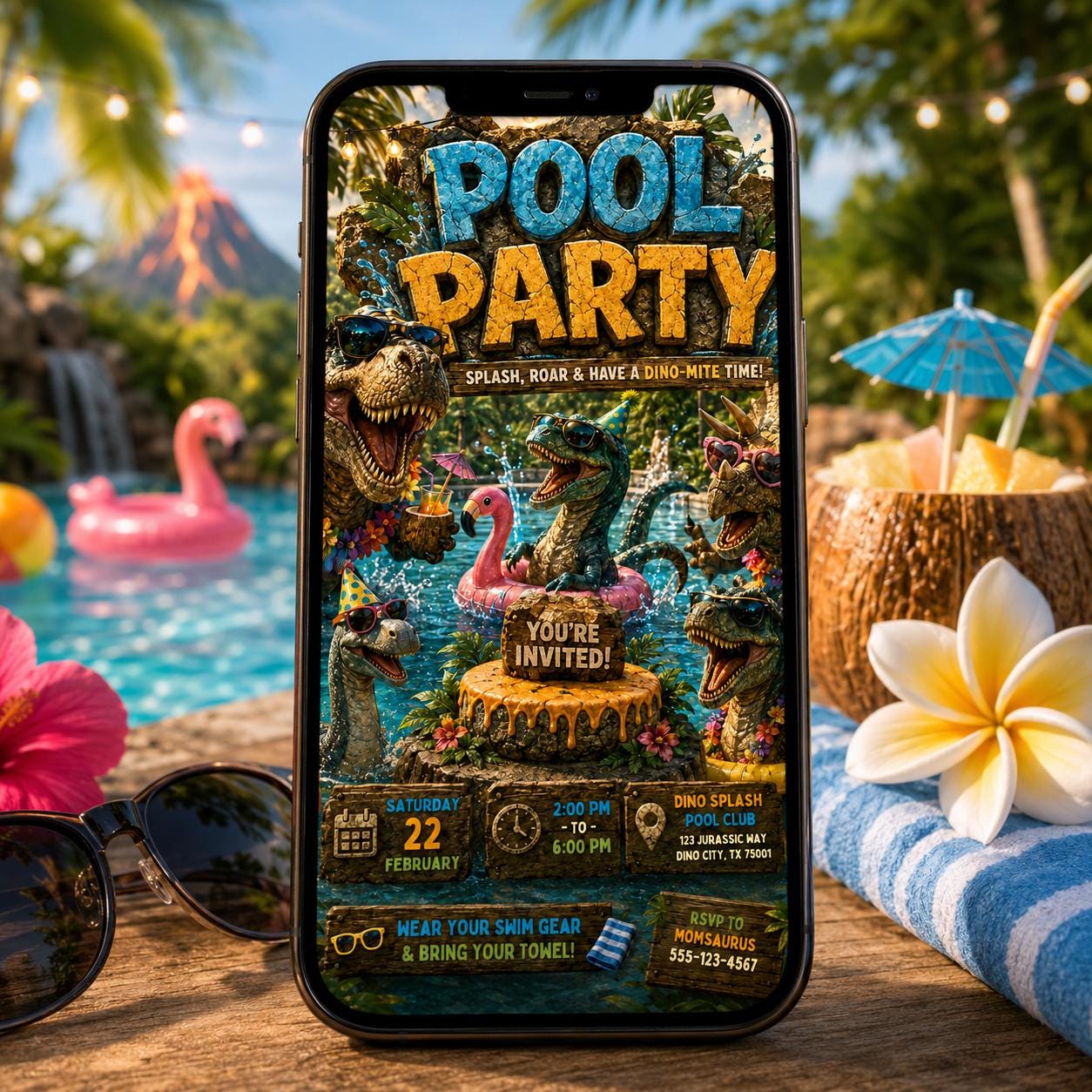 Dinosaur Pool Party Invitation Template, Pool Party Birthday Party Invitation Template, Hand Drawn Whimsical Swim Birthday Invite, Canva __etsy:8105174049