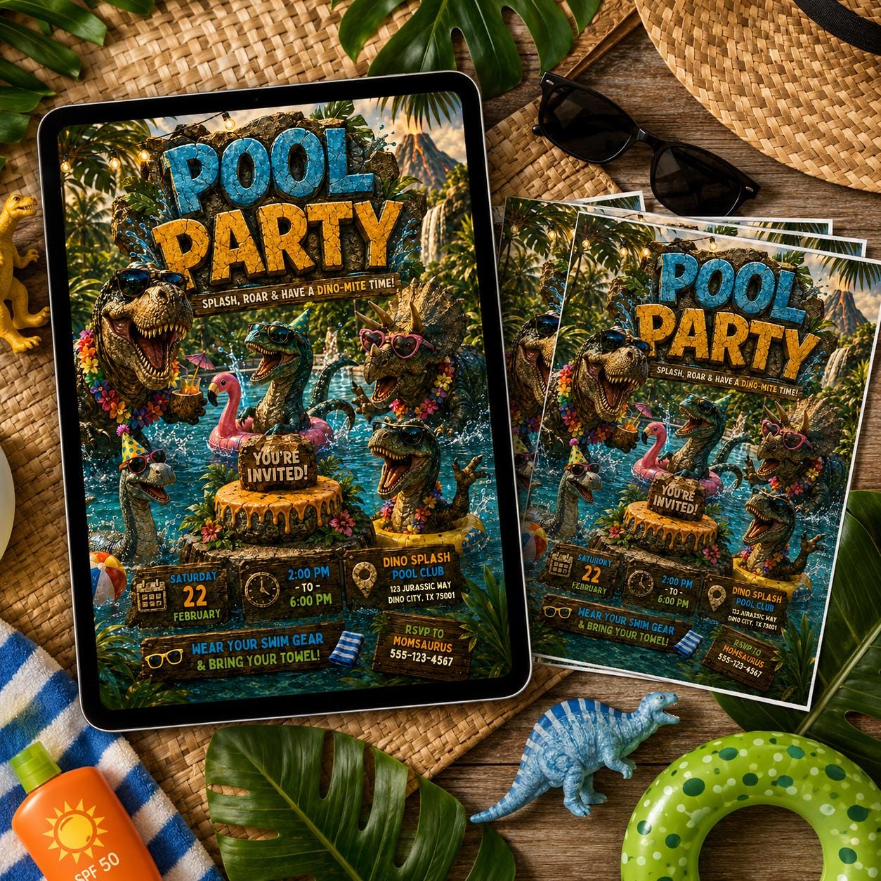 Dinosaur Pool Party Invitation Template, Pool Party Birthday Party Invitation Template, Hand Drawn Whimsical Swim Birthday Invite, Canva __etsy:8057263406