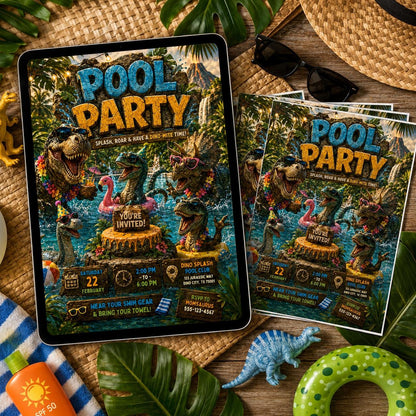 Dinosaur Pool Party Invitation Template, Pool Party Birthday Party Invitation Template, Hand Drawn Whimsical Swim Birthday Invite, Canva __etsy:8057263406