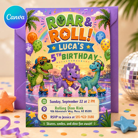Dinosaur Roller Skating Birthday, Editable Dinosaur Invitation, Dinosaur Birthday Party Invitation Dinosaur World Invite, T-Rex Party Invite __etsy:8047102858