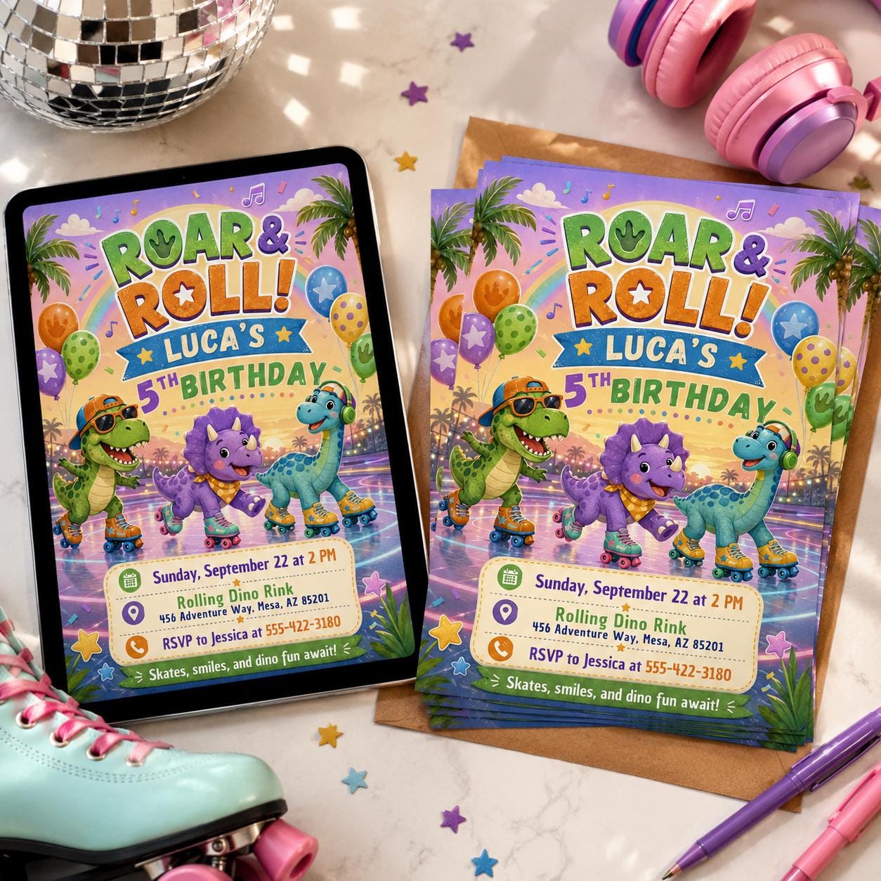 Dinosaur Roller Skating Birthday, Editable Dinosaur Invitation, Dinosaur Birthday Party Invitation Dinosaur World Invite, T-Rex Party Invite __etsy:8047103388