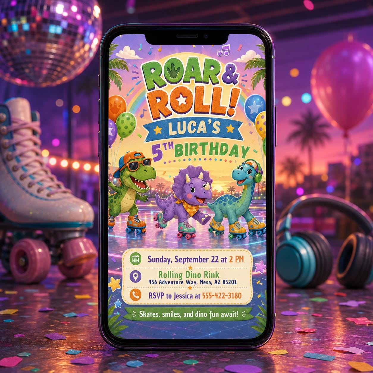Dinosaur Roller Skating Birthday, Editable Dinosaur Invitation, Dinosaur Birthday Party Invitation Dinosaur World Invite, T-Rex Party Invite __etsy:8095011467