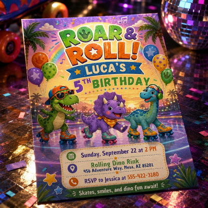 Dinosaur Roller Skating Birthday, Editable Dinosaur Invitation, Dinosaur Birthday Party Invitation Dinosaur World Invite, T-Rex Party Invite __etsy:8095011761