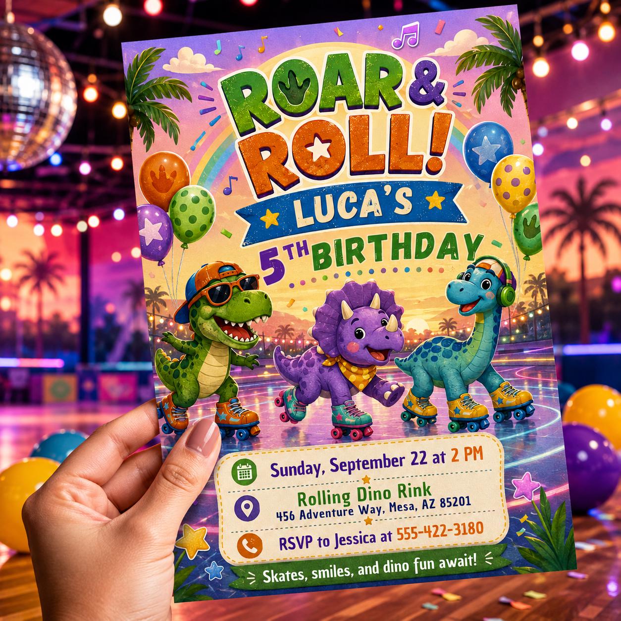 Dinosaur Roller Skating Birthday, Editable Dinosaur Invitation, Dinosaur Birthday Party Invitation Dinosaur World Invite, T-Rex Party Invite __etsy:8047103576