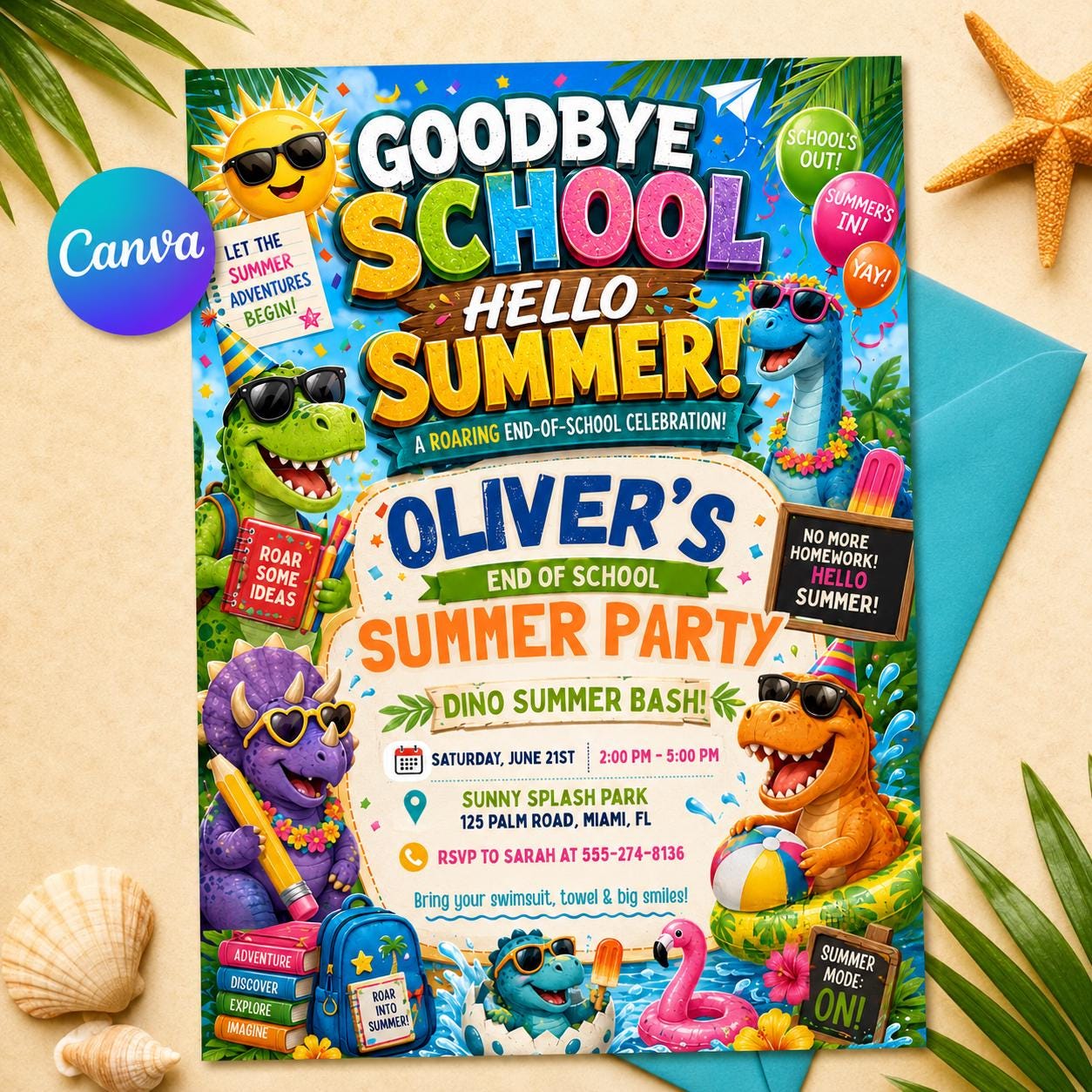 Dinosaur Summer Party, End of School Party Invitation, Hello Summer, Sunshine Editable Invitation Template, Summer Bash Invite Canva __etsy:8104179531