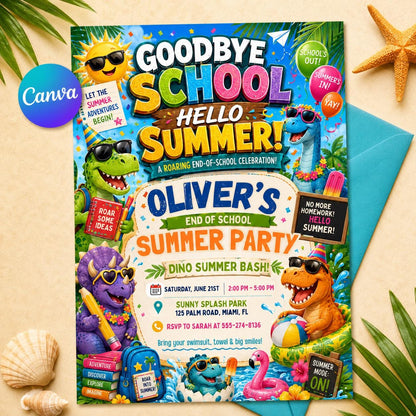 Dinosaur Summer Party, End of School Party Invitation, Hello Summer, Sunshine Editable Invitation Template, Summer Bash Invite Canva __etsy:8104179531