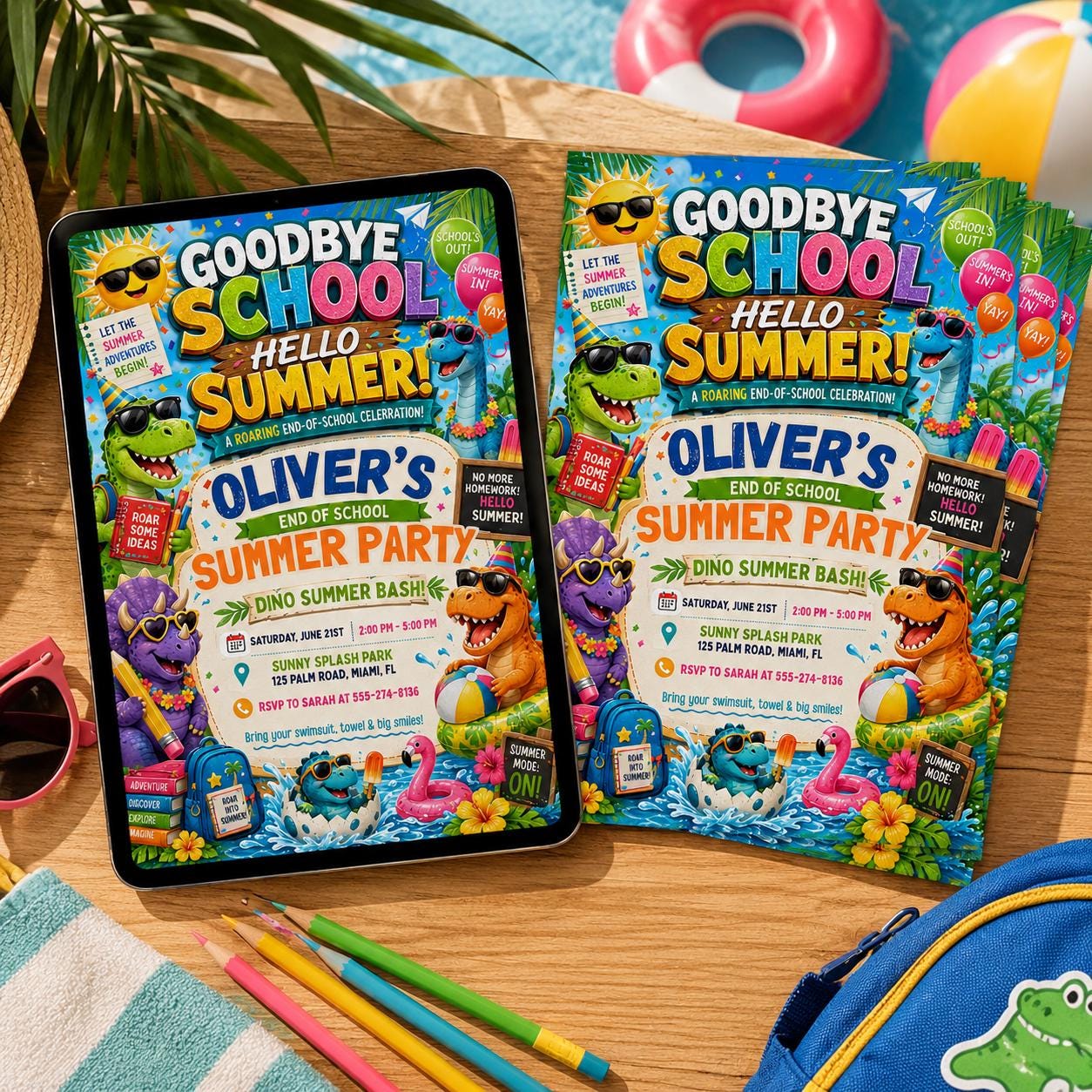 Dinosaur Summer Party, End of School Party Invitation, Hello Summer, Sunshine Editable Invitation Template, Summer Bash Invite Canva __etsy:8056267460