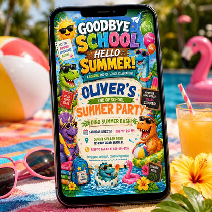 Dinosaur Summer Party, End of School Party Invitation, Hello Summer, Sunshine Editable Invitation Template, Summer Bash Invite Canva __etsy:8104179559