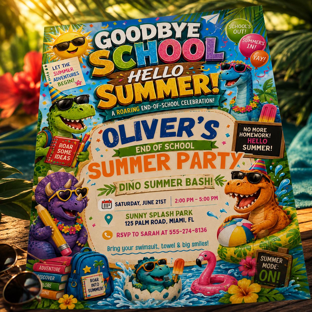 Dinosaur Summer Party, End of School Party Invitation, Hello Summer, Sunshine Editable Invitation Template, Summer Bash Invite Canva __etsy:8104179573