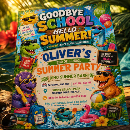 Dinosaur Summer Party, End of School Party Invitation, Hello Summer, Sunshine Editable Invitation Template, Summer Bash Invite Canva __etsy:8104179573