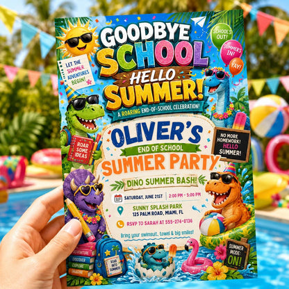 Dinosaur Summer Party, End of School Party Invitation, Hello Summer, Sunshine Editable Invitation Template, Summer Bash Invite Canva __etsy:8104179571
