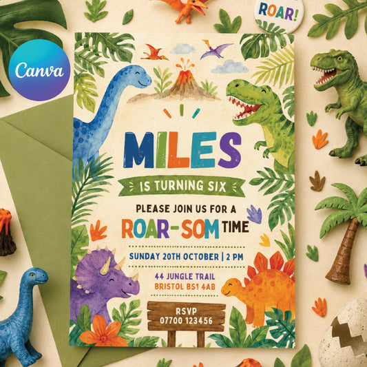 Dinosaur 6th Birthday Invite Boy, Dino Four Birthday Invitation, TRex Birthday Party Invitation, Dino Party Invite Printable, Canva template __etsy:8059038003