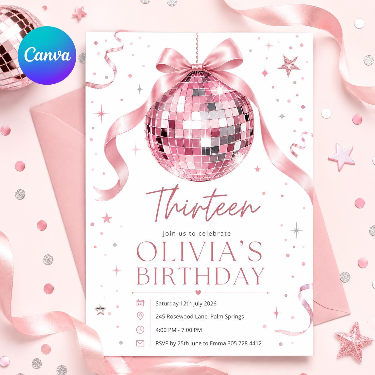 Disco 13th Birthday Invitation Girl, Disco Ball Invite Template for 13 Birthday Party, Pink Bow Disco Ball Theme, Editable Canva Template __etsy:8051499605