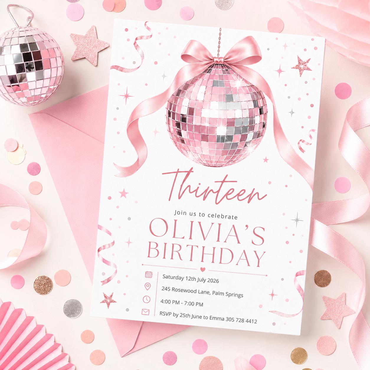 Disco 13th Birthday Invitation Girl, Disco Ball Invite Template for 13 Birthday Party, Pink Bow Disco Ball Theme, Editable Canva Template __etsy:8003573012