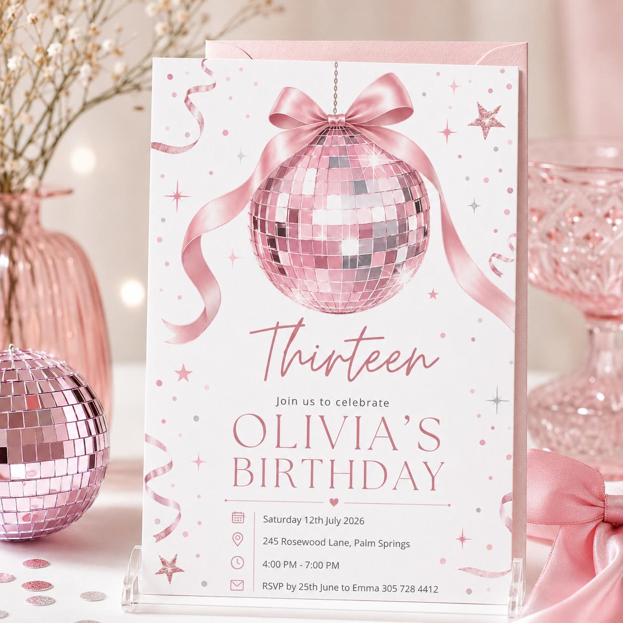 Disco 13th Birthday Invitation Girl, Disco Ball Invite Template for 13 Birthday Party, Pink Bow Disco Ball Theme, Editable Canva Template __etsy:8051495473