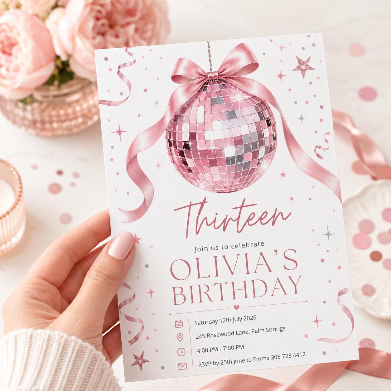 Disco 13th Birthday Invitation Girl, Disco Ball Invite Template for 13 Birthday Party, Pink Bow Disco Ball Theme, Editable Canva Template __etsy:8051495479