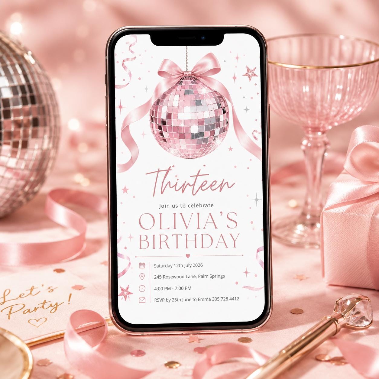 Disco 13th Birthday Invitation Girl, Disco Ball Invite Template for 13 Birthday Party, Pink Bow Disco Ball Theme, Editable Canva Template __etsy:8003573054