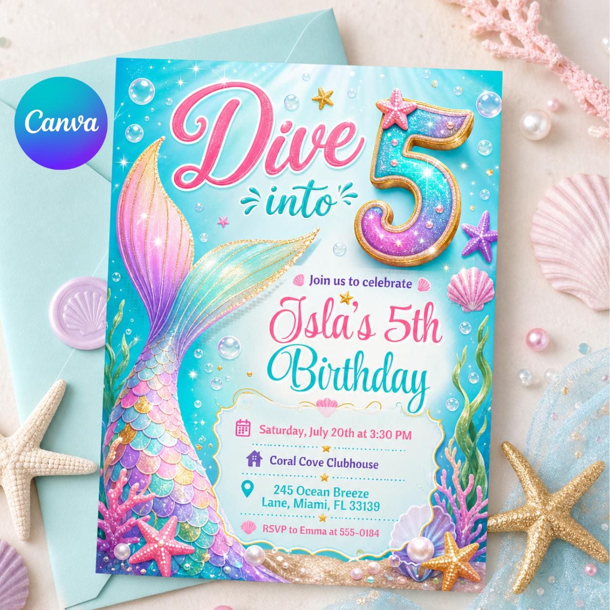 Dive into Five 5th Birthday Mermaid Invitation, Mermaid Bash Under the Sea Birthday Invite, Pink Purple Blue Mermaid Invites, Canva Template __etsy:7987962894
