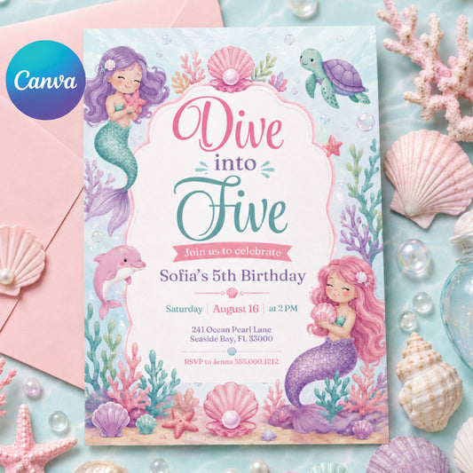 Dive into Five 5th Birthday Mermaid Invitation, Mermaid Bash Under the Sea Birthday Invite, Pink Purple Blue Mermaid Invites, Canva Template __etsy:8060652507