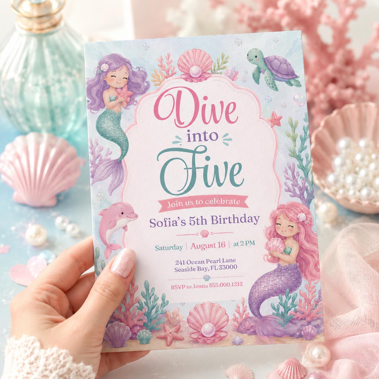Dive into Five 5th Birthday Mermaid Invitation, Mermaid Bash Under the Sea Birthday Invite, Pink Purple Blue Mermaid Invites, Canva Template __etsy:8012736500