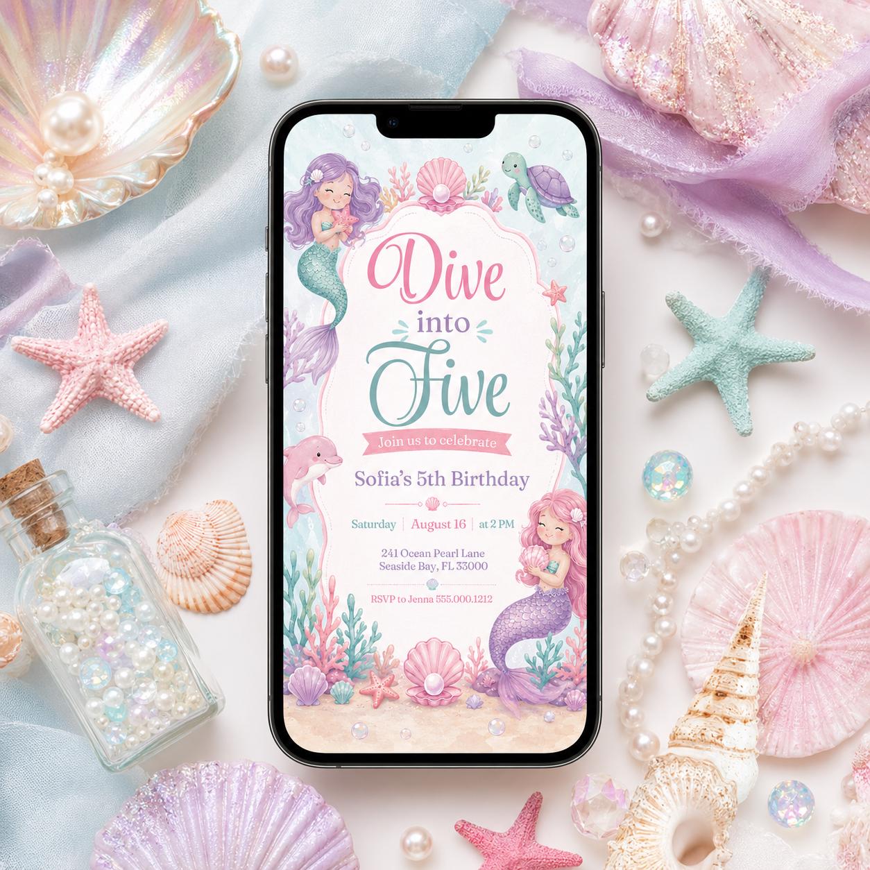 Dive into Five 5th Birthday Mermaid Invitation, Mermaid Bash Under the Sea Birthday Invite, Pink Purple Blue Mermaid Invites, Canva Template __etsy:8060647775