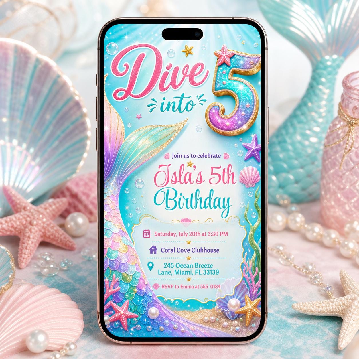 Dive into Five 5th Birthday Mermaid Invitation, Mermaid Bash Under the Sea Birthday Invite, Pink Purple Blue Mermaid Invites, Canva Template __etsy:8032104767