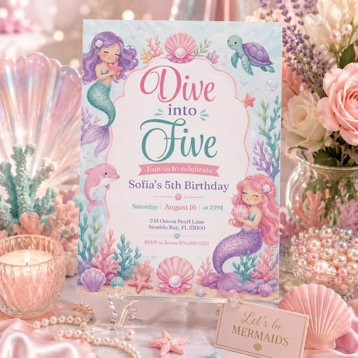 Dive into Five 5th Birthday Mermaid Invitation, Mermaid Bash Under the Sea Birthday Invite, Pink Purple Blue Mermaid Invites, Canva Template __etsy:8012737498