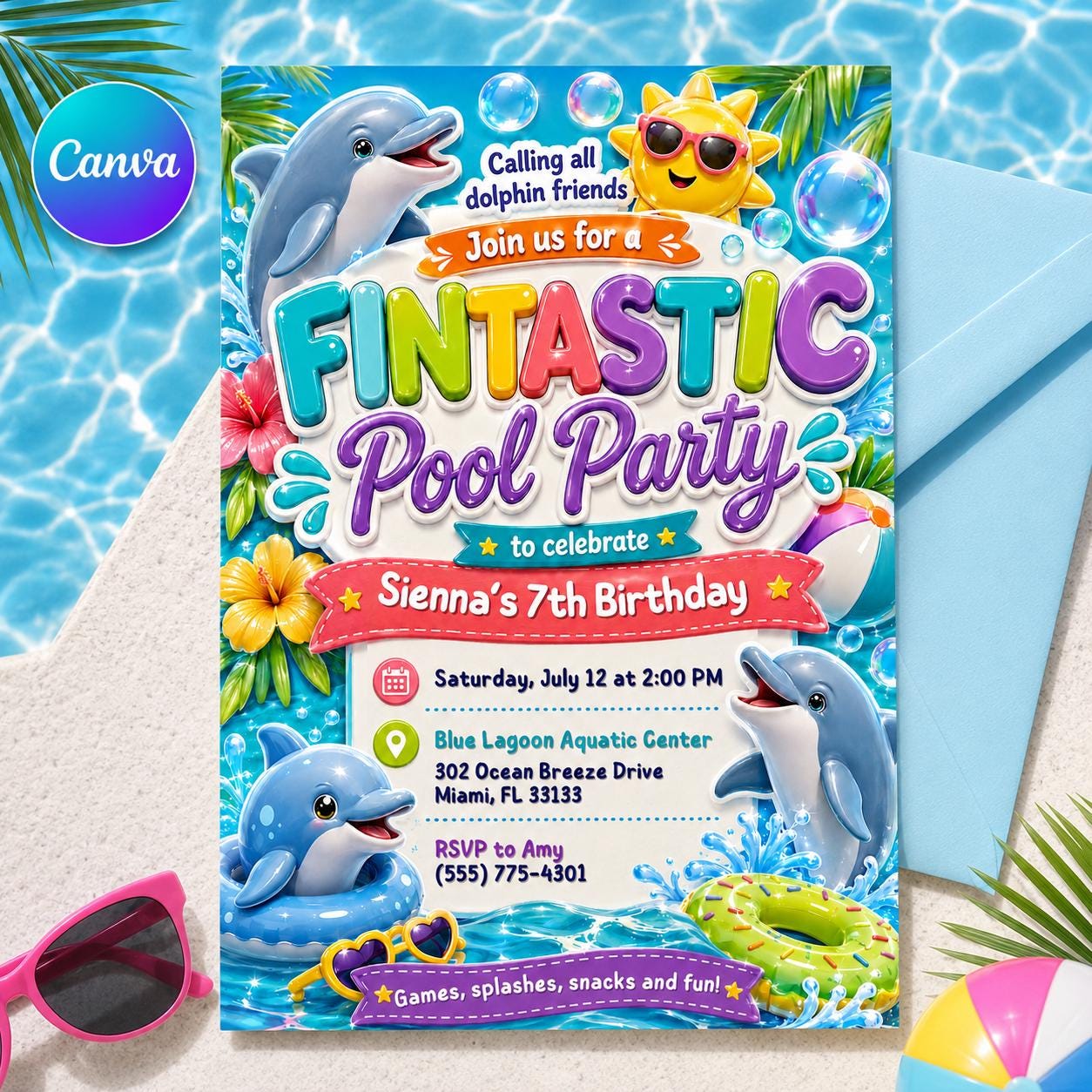 Dolphin Pool Party Invitation, Pool Party Birthday Party Invitation Template, Hand Drawn Whimsical Swim Birthday Invite, Pool Celebration __etsy:8097668035